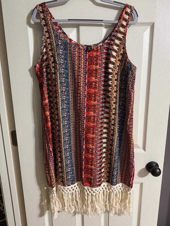 SHEIN Dresses & Skirts - SHEIN Red Multi-Color Boho Midi Dress with Fringe